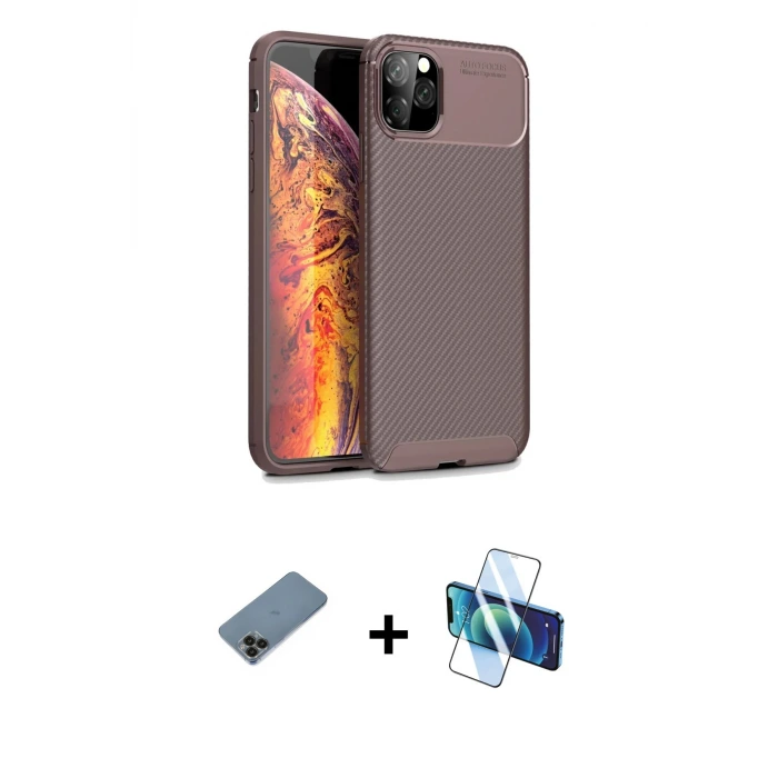 ieg™ iPhone 11 Pro Max Kılıf Eksen Form Prime - Siyah 3D Antistatik Seramik Nano Ekran Koruyucu + Shine Kamera Lens Koruma Cam - SH