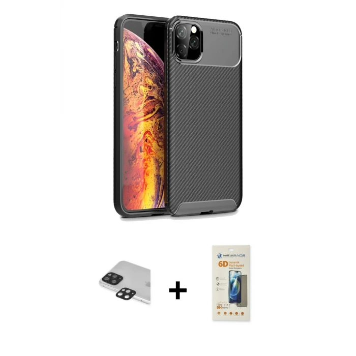 ieg™ iPhone 11 Pro Max Kılıf Eksen Form Prime - Siyah 6D Mat Seramik Hayalet Nano Ekran Koruyucu + Pers Alüminyum Kamera Lens - SH
