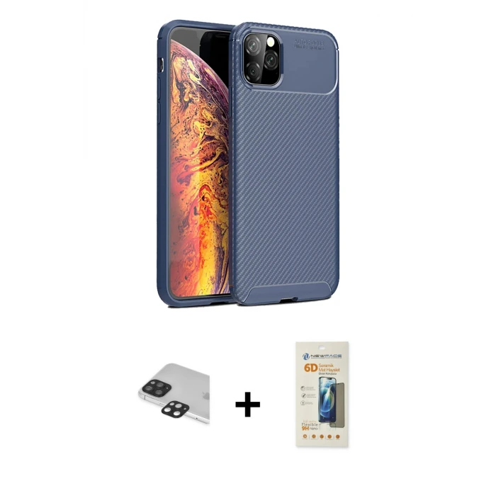 ieg™ iPhone 11 Pro Max Kılıf Eksen Form Prime - Siyah 6D Mat Seramik Hayalet Nano Ekran Koruyucu + Pers Alüminyum Kamera Lens - SH