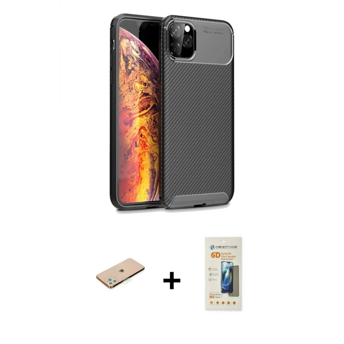 ieg™ iPhone 11 Pro Max Kılıf Eksen Form Prime - Siyah 6D Mat Seramik Hayalet Nano Ekran Koruyucu + Renkli Kamera Lens Koruma Cam - YL