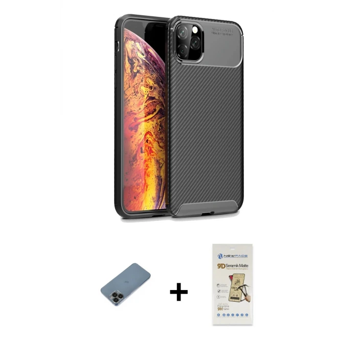 ieg™ iPhone 11 Pro Max Kılıf Eksen Form Prime - Siyah Mat Seramik Nano Ekran Koruyucu + Shine Kamera Lens Koruma Cam - SH