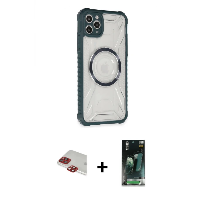ieg™ iPhone 11 Pro Max Kılıf Kutup Modern - Şeffaf 360 Full Body Arka Koruyucu + Pers Alüminyum Kamera Lens - KI
