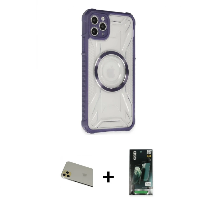 ieg™ iPhone 11 Pro Max Kılıf Kutup Modern - Siyah 360 Mat Full Body Arka Koruyucu + Rainbow Kamera Lens Koruma Cam - GD