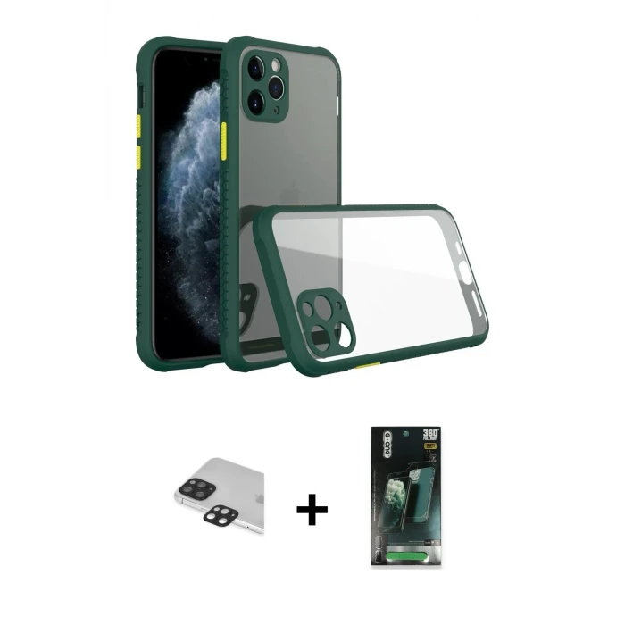 ieg™ iPhone 11 Pro Max Kılıf Nova Asil Özel Seri - Şeffaf 360 Full Body Arka Koruyucu + Pers Alüminyum Kamera Lens - SH