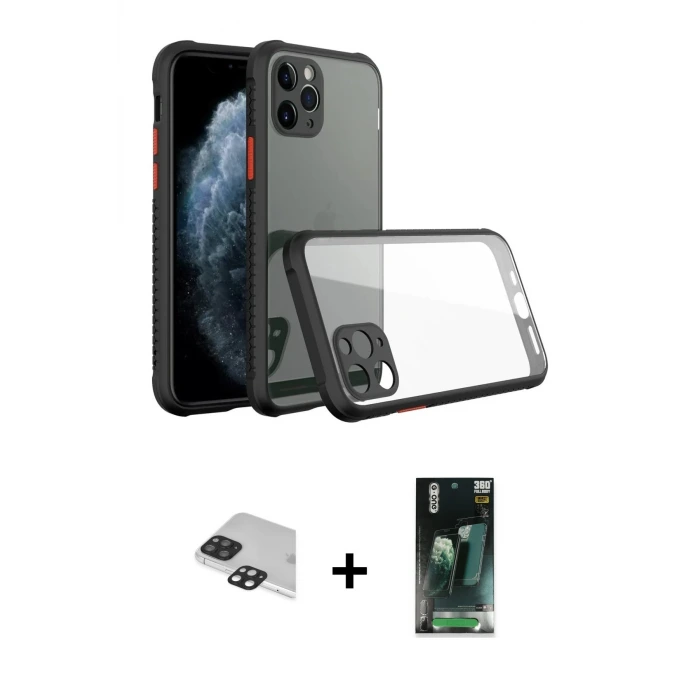 ieg™ iPhone 11 Pro Max Kılıf Nova Asil Özel Seri - Şeffaf 360 Full Body Arka Koruyucu + Pers Alüminyum Kamera Lens - SH