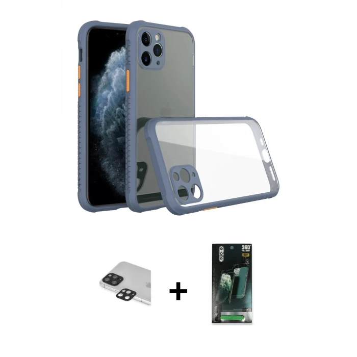 ieg™ iPhone 11 Pro Max Kılıf Nova Asil Özel Seri - Şeffaf 360 Full Body Arka Koruyucu + Pers Alüminyum Kamera Lens - SH