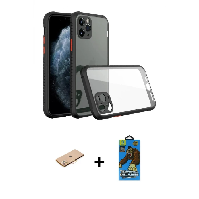 ieg™ iPhone 11 Pro Max Kılıf Nova Asil Özel Seri - Siyah 18D Cam Ekran Koruyucu + Renkli Kamera Lens Koruma Cam - TU