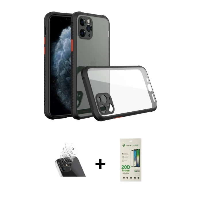ieg™ iPhone 11 Pro Max Kılıf Nova Asil Özel Seri - Siyah 20D Premium Cam Ekran Koruyucu + Kamera Lens Koruma Cam - SF
