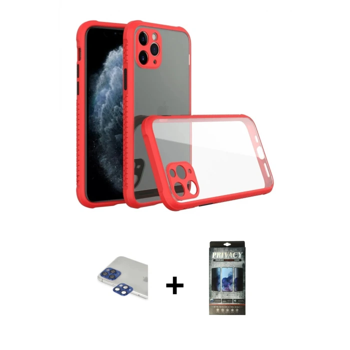 ieg™ iPhone 11 Pro Max Kılıf Nova Asil Özel Seri - Siyah 34D Hayalet Izgaralı Cam + Pers Alüminyum Kamera Lens - LT