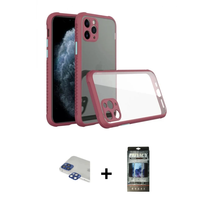 ieg™ iPhone 11 Pro Max Kılıf Nova Asil Özel Seri - Siyah 34D Hayalet Izgaralı Cam + Pers Alüminyum Kamera Lens - LT