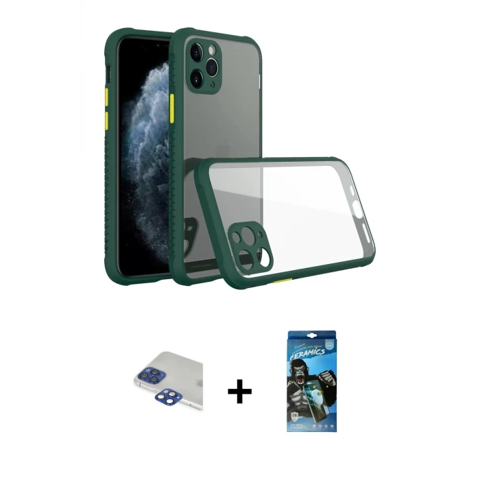 ieg™ iPhone 11 Pro Max Kılıf Nova Asil Özel Seri - Siyah 34D Izgaralı Cam + Pers Alüminyum Kamera Lens - LT