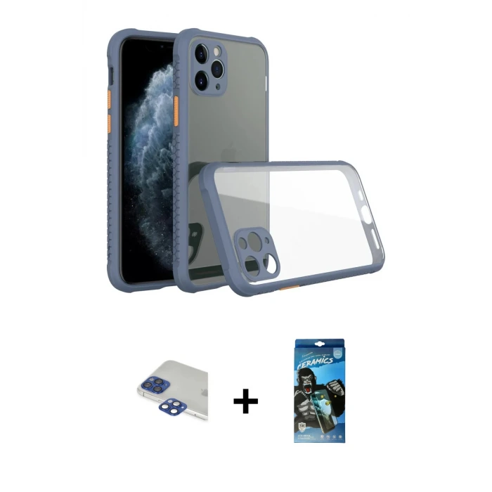 ieg™ iPhone 11 Pro Max Kılıf Nova Asil Özel Seri - Siyah 34D Izgaralı Cam + Pers Alüminyum Kamera Lens - LT