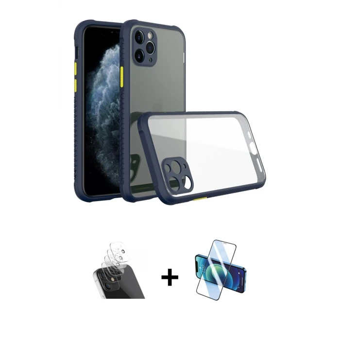ieg™ iPhone 11 Pro Max Kılıf Nova Asil Özel Seri - Siyah 3D Antistatik Cam Ekran Koruyucu + Kamera Lens Koruma Cam - SF