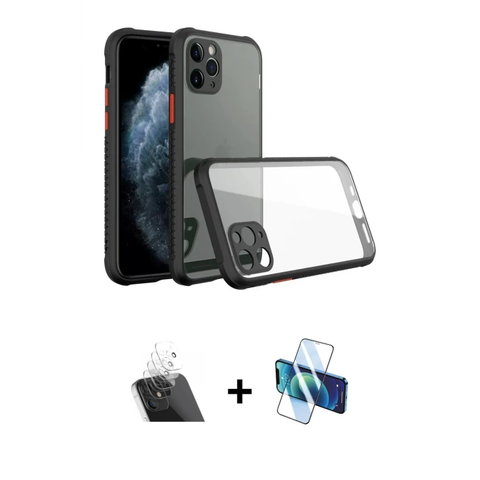 ieg™ iPhone 11 Pro Max Kılıf Nova Asil Özel Seri - Siyah 3D Antistatik Seramik Nano Ekran Koruyucu + Kamera Lens Koruma Cam - SF