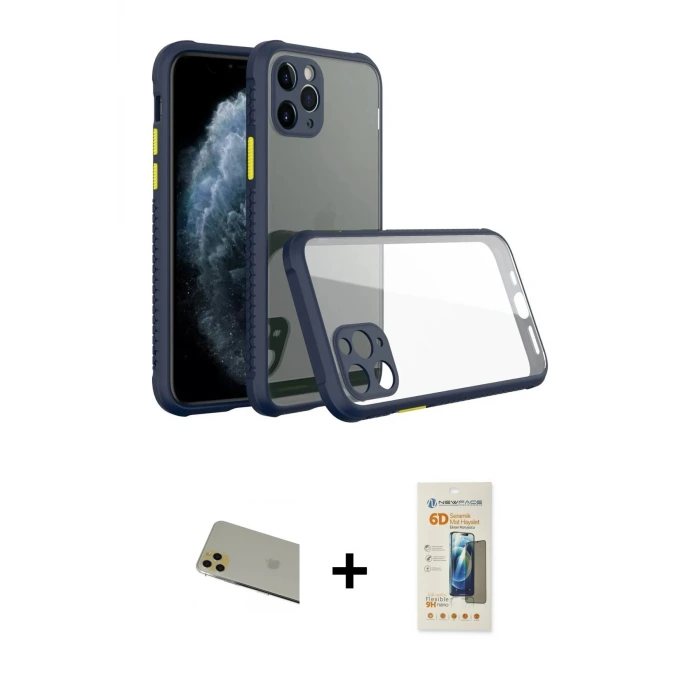 ieg™ iPhone 11 Pro Max Kılıf Nova Asil Özel Seri - Siyah 6D Mat Seramik Hayalet Nano Ekran Koruyucu + Rainbow Kamera Lens Koruma Cam - GD