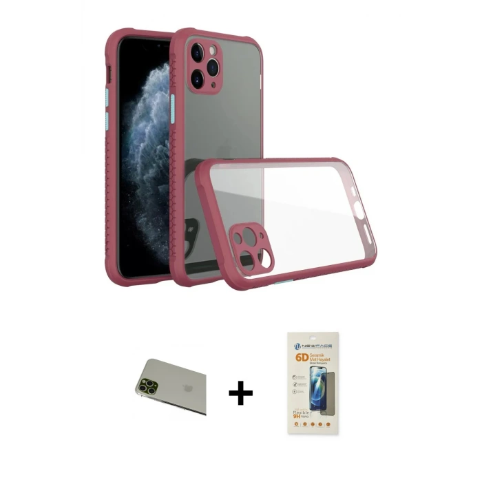 ieg™ iPhone 11 Pro Max Kılıf Nova Asil Özel Seri - Siyah 6D Mat Seramik Hayalet Nano Ekran Koruyucu + Rainbow Kamera Lens Koruma Cam - YL