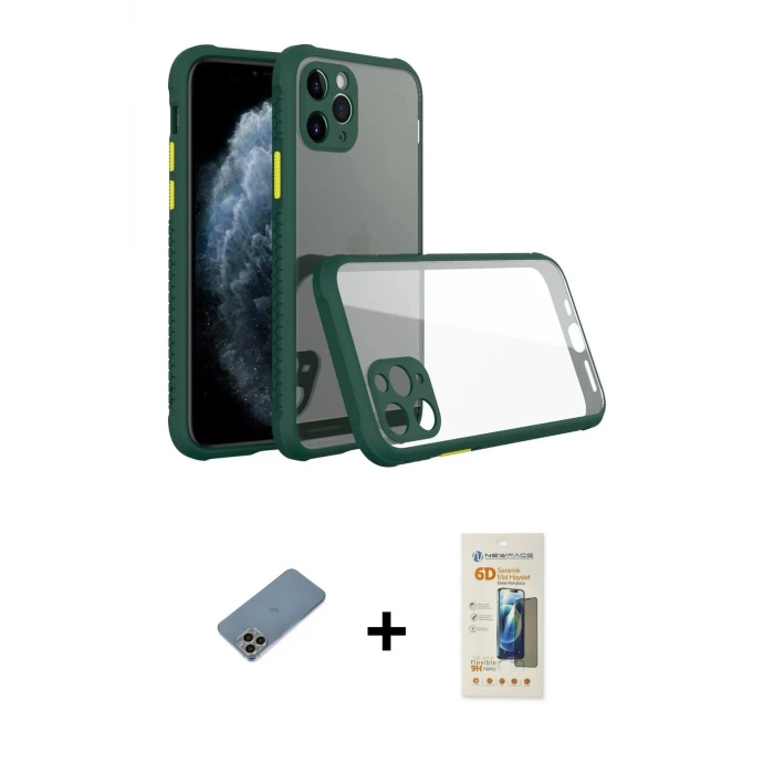 ieg™ iPhone 11 Pro Max Kılıf Nova Asil Özel Seri - Siyah 6D Mat Seramik Hayalet Nano Ekran Koruyucu + Shine Kamera Lens Koruma Cam - GI