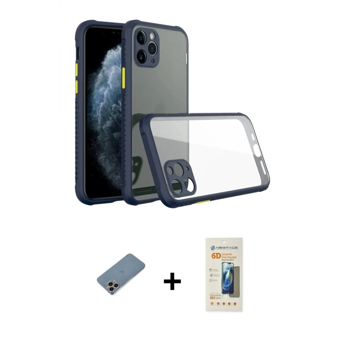 ieg™ iPhone 11 Pro Max Kılıf Nova Asil Özel Seri - Siyah 6D Mat Seramik Hayalet Nano Ekran Koruyucu + Shine Kamera Lens Koruma Cam - GI