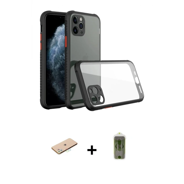 ieg™ iPhone 11 Pro Max Kılıf Nova Asil Özel Seri - Siyah Joko Magic 5D Hayalet Cam + Renkli Kamera Lens Koruma Cam - MI