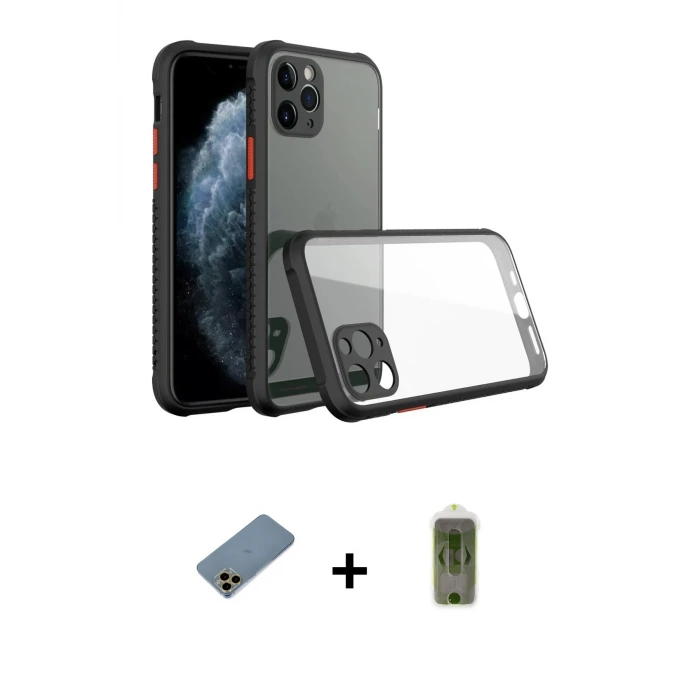 ieg™ iPhone 11 Pro Max Kılıf Nova Asil Özel Seri - Siyah Joko Magic 5D Hayalet Cam + Shine Kamera Lens Koruma Cam - GD