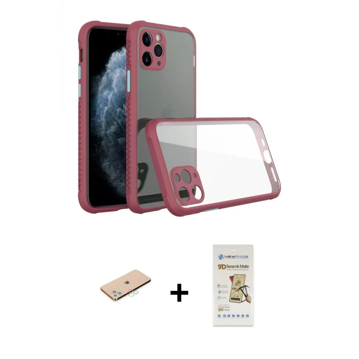 ieg™ iPhone 11 Pro Max Kılıf Nova Asil Özel Seri - Siyah Mat Seramik Nano Ekran Koruyucu + Renkli Kamera Lens Koruma Cam - MI