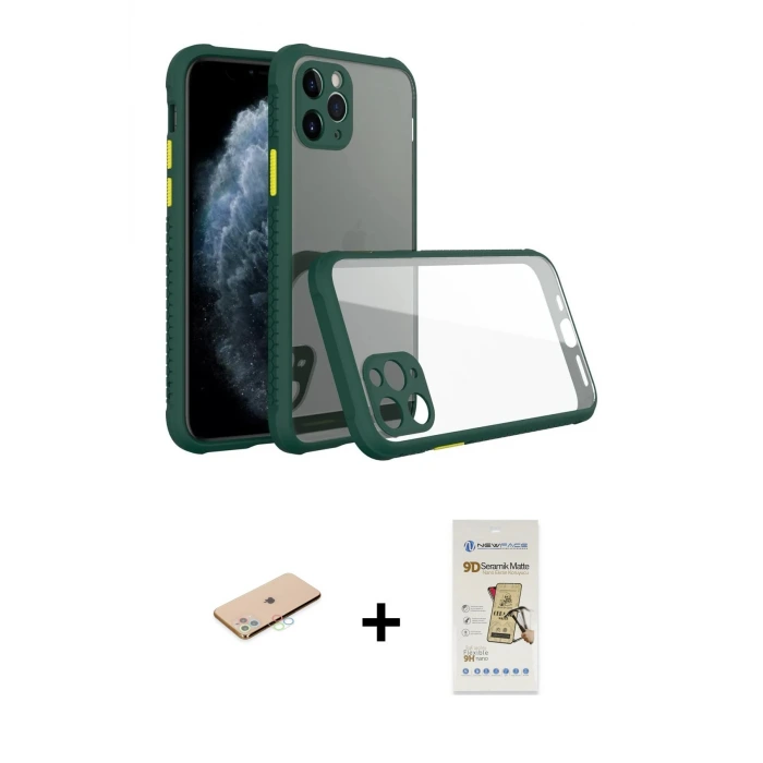 ieg™ iPhone 11 Pro Max Kılıf Nova Asil Özel Seri - Siyah Mat Seramik Nano Ekran Koruyucu + Renkli Kamera Lens Koruma Cam - MI