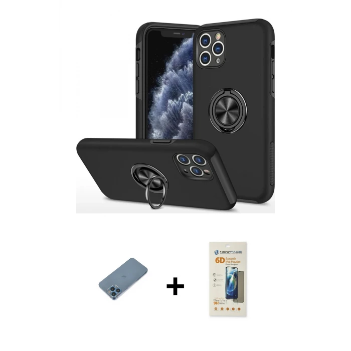 ieg™ iPhone 11 Pro Max Kılıf Odak Form Prime - Siyah 6D Mat Seramik Hayalet Nano Ekran Koruyucu + Shine Kamera Lens Koruma Cam - MI