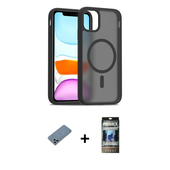 ieg™ iPhone 11 Pro Max Kılıf Siluet Minimal Prime - Siyah 34D Hayalet Izgaralı Cam + Shine Kamera Lens Koruma Cam - SABE