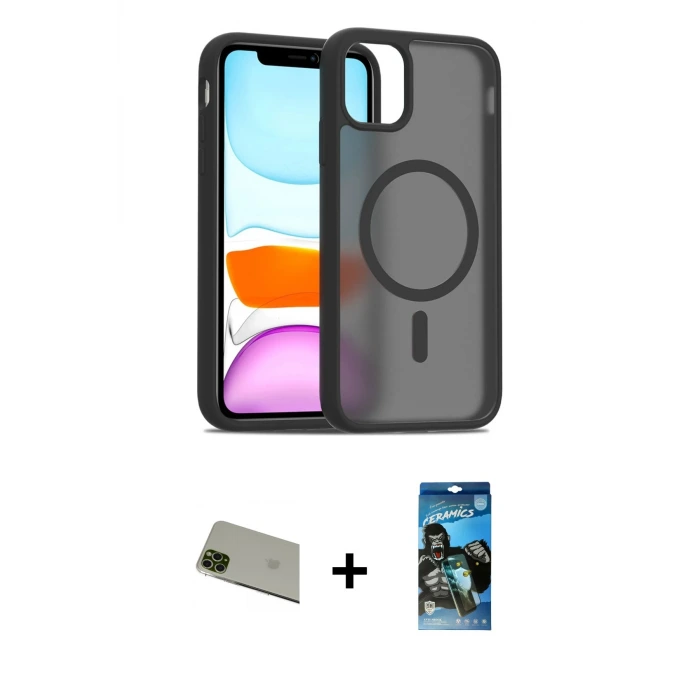 ieg™ iPhone 11 Pro Max Kılıf Siluet Minimal Prime - Siyah 34D Izgaralı Cam + Rainbow Kamera Lens Koruma Cam - YL