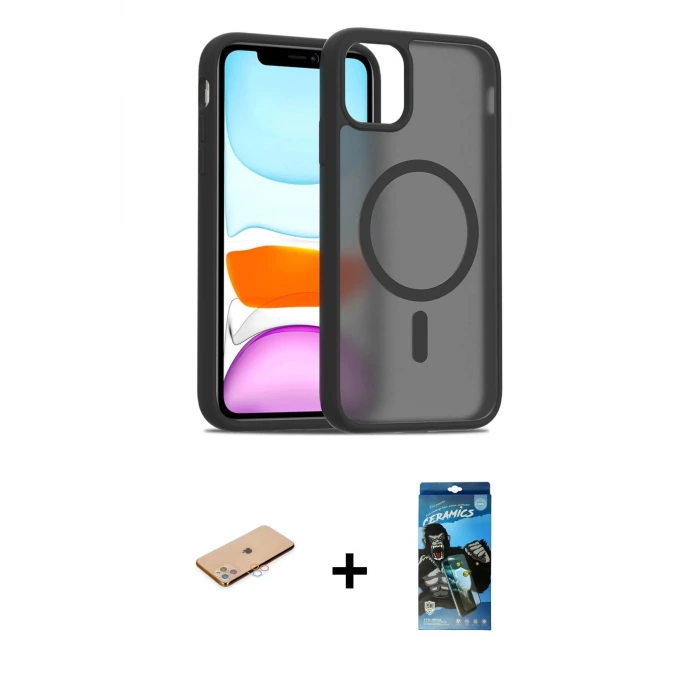 ieg™ iPhone 11 Pro Max Kılıf Siluet Minimal Prime - Siyah 34D Izgaralı Cam + Renkli Kamera Lens Koruma Cam - PE