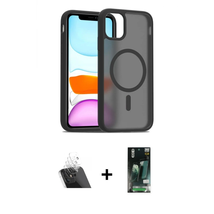 ieg™ iPhone 11 Pro Max Kılıf Siluet Minimal Prime - Siyah 360 Mat Full Body Arka Koruyucu + Kamera Lens Koruma Cam - SF