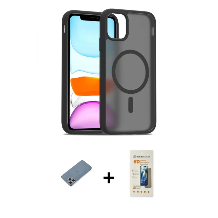 ieg™ iPhone 11 Pro Max Kılıf Siluet Minimal Prime - Siyah 6D Mat Seramik Hayalet Nano Ekran Koruyucu + Shine Kamera Lens Koruma Cam - GS