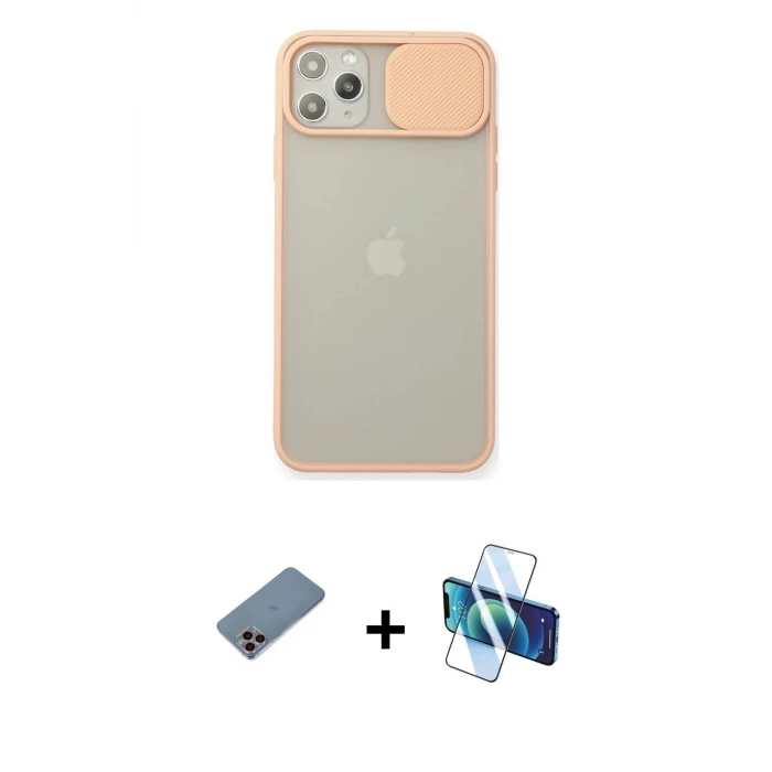 ieg™ iPhone 11 Pro Max Kılıf Vadi Çizgi - Siyah 3D Antistatik Cam Ekran Koruyucu + Shine Kamera Lens Koruma Cam - PE