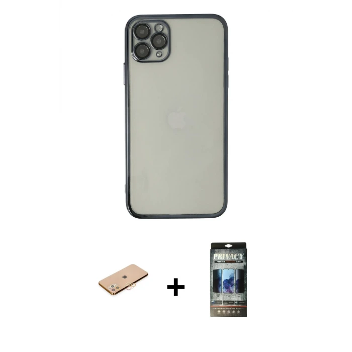 ieg™ iPhone 11 Pro Max Kılıf Vadi Minimal - Siyah 34D Hayalet Izgaralı Cam + Renkli Kamera Lens Koruma Cam - TU