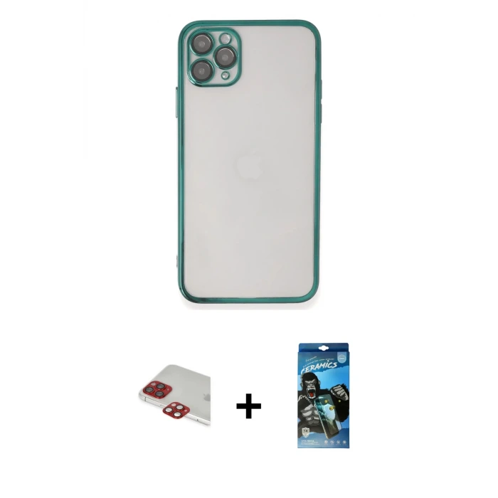 ieg™ iPhone 11 Pro Max Kılıf Vadi Minimal - Siyah 34D Izgaralı Cam + Pers Alüminyum Kamera Lens - KI