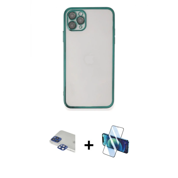 ieg™ iPhone 11 Pro Max Kılıf Vadi Minimal - Siyah 3D Antistatik Seramik Nano Ekran Koruyucu + Pers Alüminyum Kamera Lens - LT