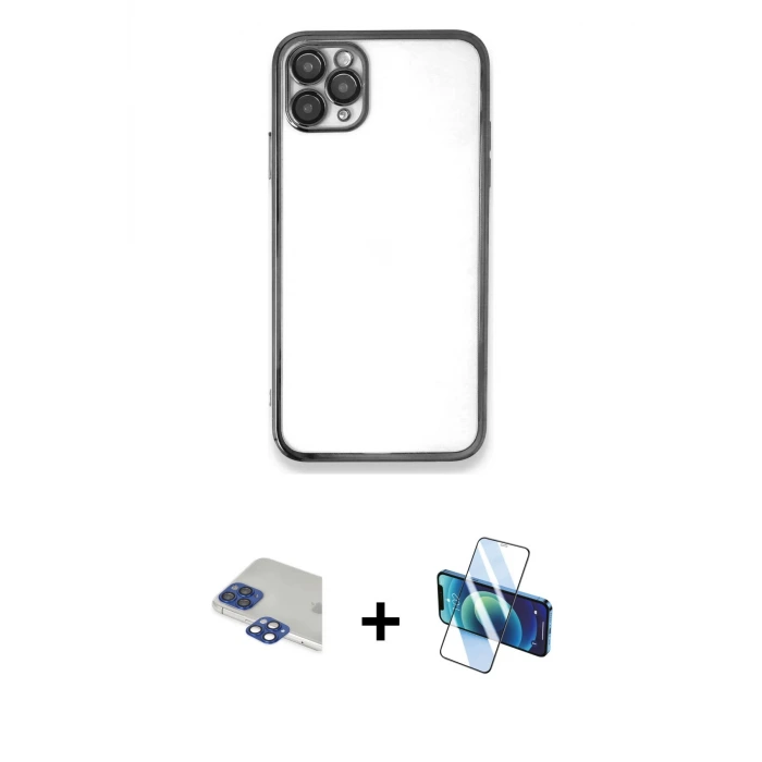 ieg™ iPhone 11 Pro Max Kılıf Vadi Minimal - Siyah 3D Antistatik Seramik Nano Ekran Koruyucu + Pers Alüminyum Kamera Lens - LT