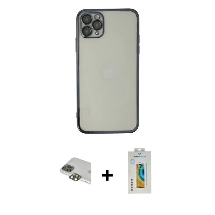 ieg™ iPhone 11 Pro Max Kılıf Vadi Minimal - Siyah Polymer Nano Ekran Koruyucu + Pers Alüminyum Kamera Lens - YL