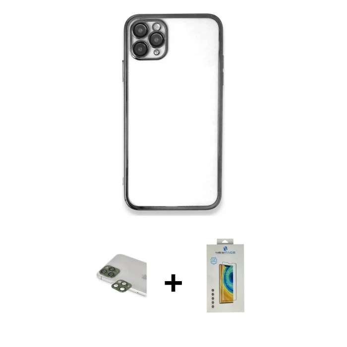 ieg™ iPhone 11 Pro Max Kılıf Vadi Minimal - Siyah Polymer Nano Ekran Koruyucu + Pers Alüminyum Kamera Lens - YL
