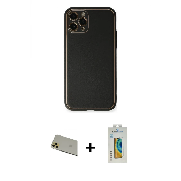 ieg™ iPhone 11 Pro Max Kılıf Yadigar Klasik - Siyah Polymer Nano Ekran Koruyucu + Rainbow Kamera Lens Koruma Cam - GD