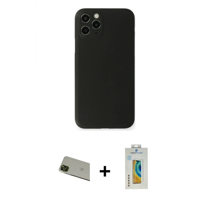 ieg™ iPhone 11 Pro Max Kılıf Yadigar Yansıma Serisi - Siyah Polymer Nano Ekran Koruyucu + Rainbow Kamera Lens Koruma Cam - YL