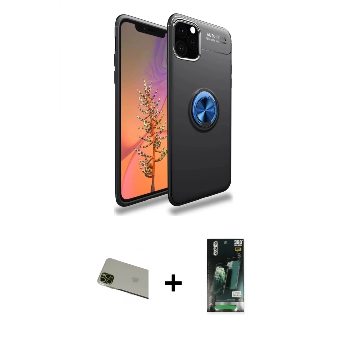 ieg™ iPhone 11 Pro Max Kılıf Yankı Form Prime - Siyah 360 Mat Full Body Arka Koruyucu + Rainbow Kamera Lens Koruma Cam - YL
