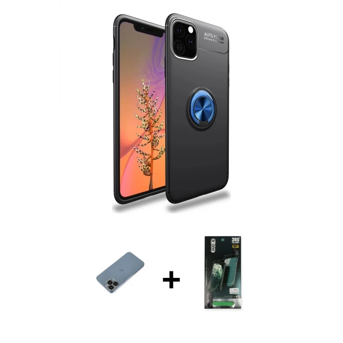 ieg™ iPhone 11 Pro Max Kılıf Yankı Form Prime - Siyah 360 Mat Full Body Arka Koruyucu + Shine Kamera Lens Koruma Cam - SH