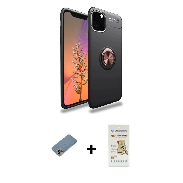 ieg™ iPhone 11 Pro Max Kılıf Yankı Form Prime - Siyah Mat Seramik Nano Ekran Koruyucu + Shine Kamera Lens Koruma Cam - GI