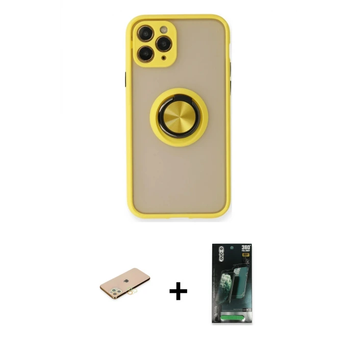 ieg™ iPhone 11 Pro Max Kılıf Yörünge Çizgi - Şeffaf 360 Full Body Arka Koruyucu + Renkli Kamera Lens Koruma Cam - SI