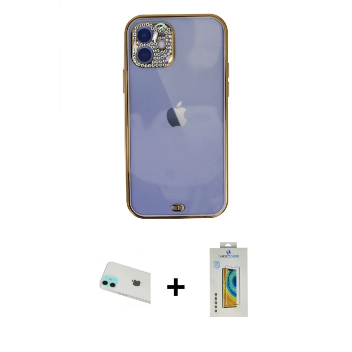 ieg™ iPhone 12 Kılıf Eksen Minimal Koleksiyonu - Siyah Polymer Nano Ekran Koruyucu + Rainbow Kamera Lens Koruma Cam - YL
