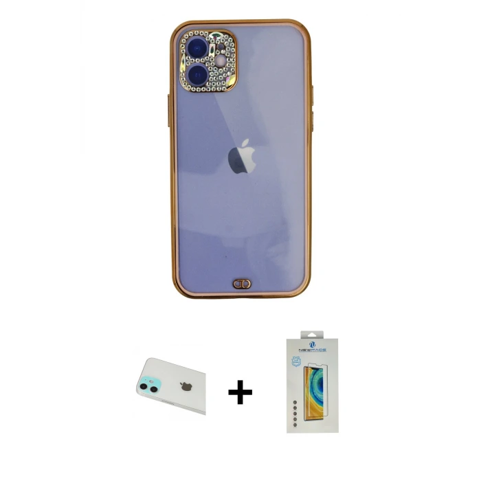 ieg™ iPhone 12 Kılıf Eksen Minimal Koleksiyonu - Siyah Polymer Nano Ekran Koruyucu + Rainbow Kamera Lens Koruma Cam - YL