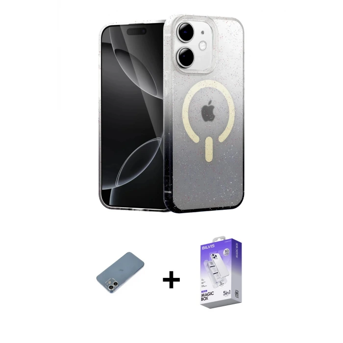 ieg™ iPhone 12 Kılıf Eksen Minimal Özel Seri - Siyah Bilvis 5in1 3D Magic Cam Ekran Koruyucu + Shine Kamera Lens Koruma Cam - GS