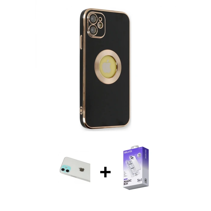 ieg™ iPhone 12 Kılıf İz Form Serisi - Siyah Bilvis 5in1 3D Magic Cam Ekran Koruyucu + Rainbow Kamera Lens Koruma Cam - YL