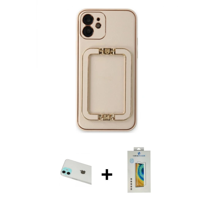 ieg™ iPhone 12 Kılıf Kozmos Minimal Prime - Siyah Polymer Nano Ekran Koruyucu + Rainbow Kamera Lens Koruma Cam - YL